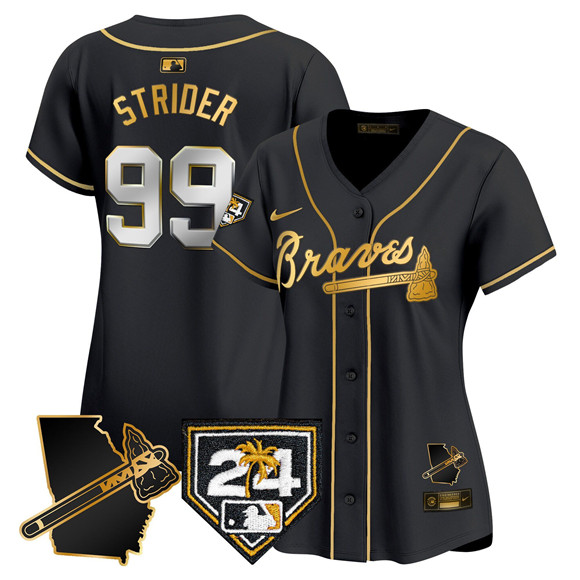 Women's Atlanta Braves #99 Spencer Strider Black Gold 2024 Spring Training & Georgia Patch Vapor Limited Stitched Baseball Jersey(Run Small) Women's Atlanta Braves #99 Spencer Strider Black Gold 2024 Spring Training & Georgia Patch Vapor Limited Stitched Baseball Jersey(Run Small)